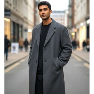 Ron Cherrskin Mens Sz 40‎ Wool Cashmere Overcoat Charcoal Gray Long Trench Coat